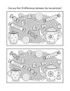 Halloween candy and tea find the differences picture puzzle and coloring page Royalty Free Stock Photo